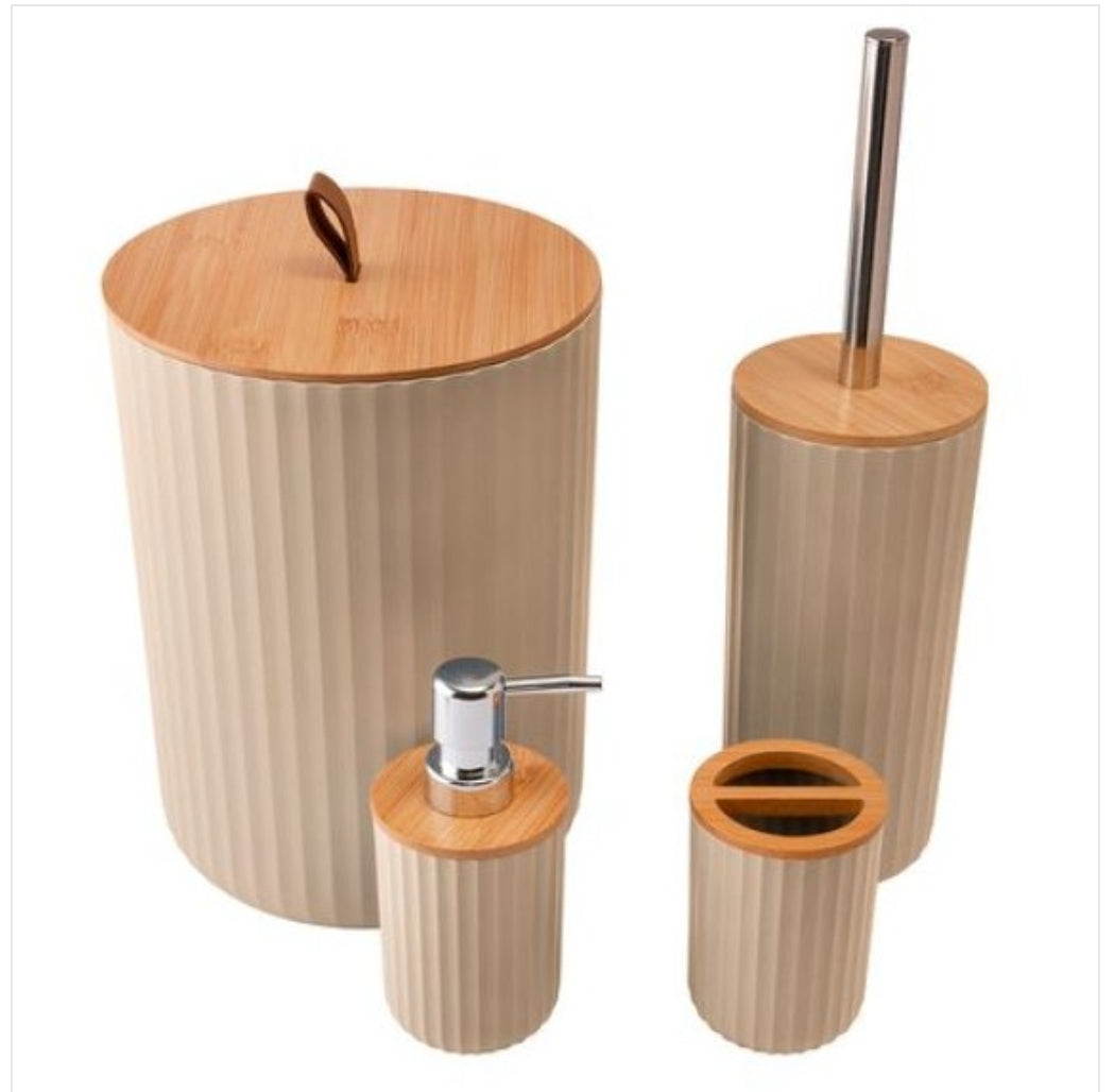 KIT BANHEIRO 4PCS BEGE PLÁSTICO PP E BAMBU 9,3CM X 9,3CM X 16CM