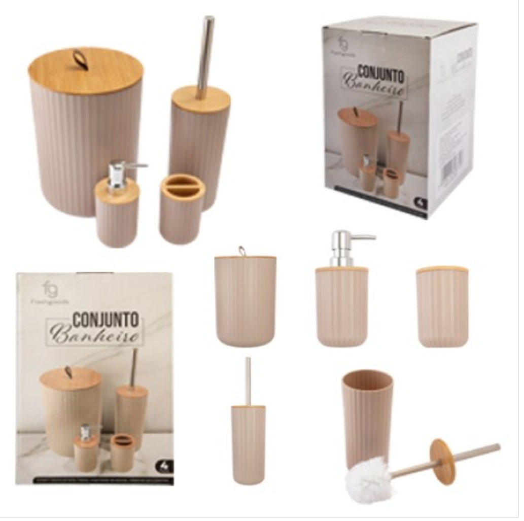 KIT BANHEIRO 4PCS BEGE PLÁSTICO PP E BAMBU 9,3CM X 9,3CM X 16CM