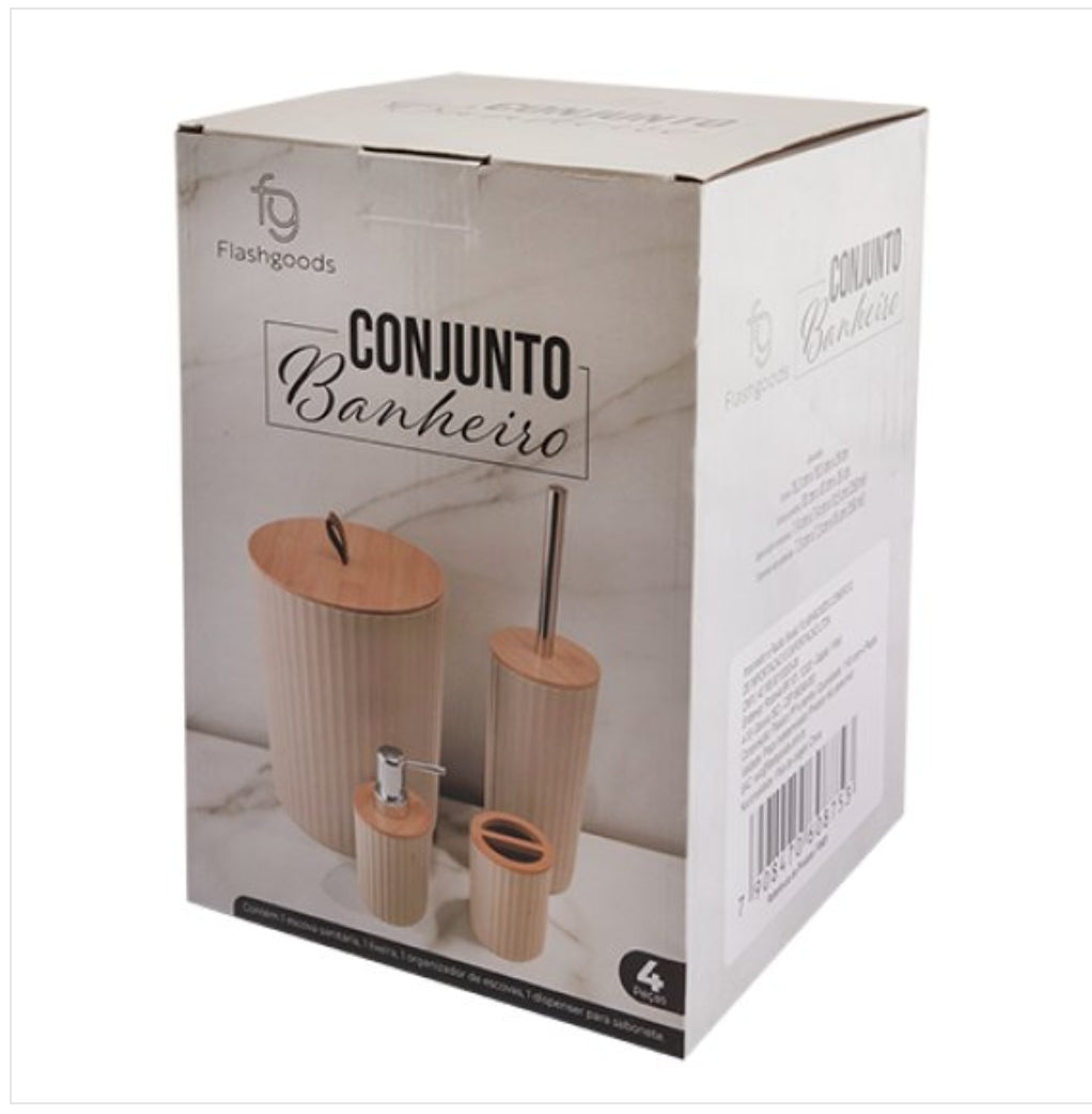KIT BANHEIRO 4PCS BEGE PLÁSTICO PP E BAMBU 9,3CM X 9,3CM X 16CM